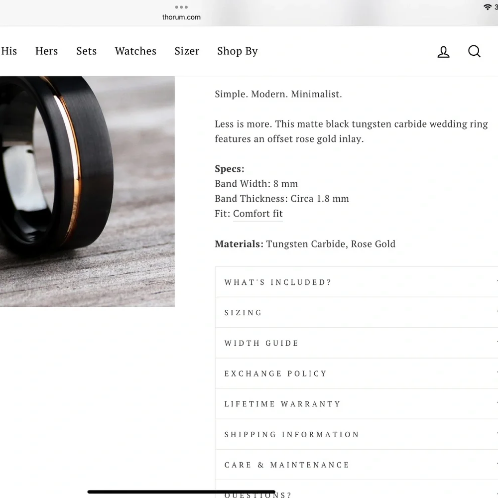 THORUM Minimalist Black Tungsten Gold Band Ring Size 11